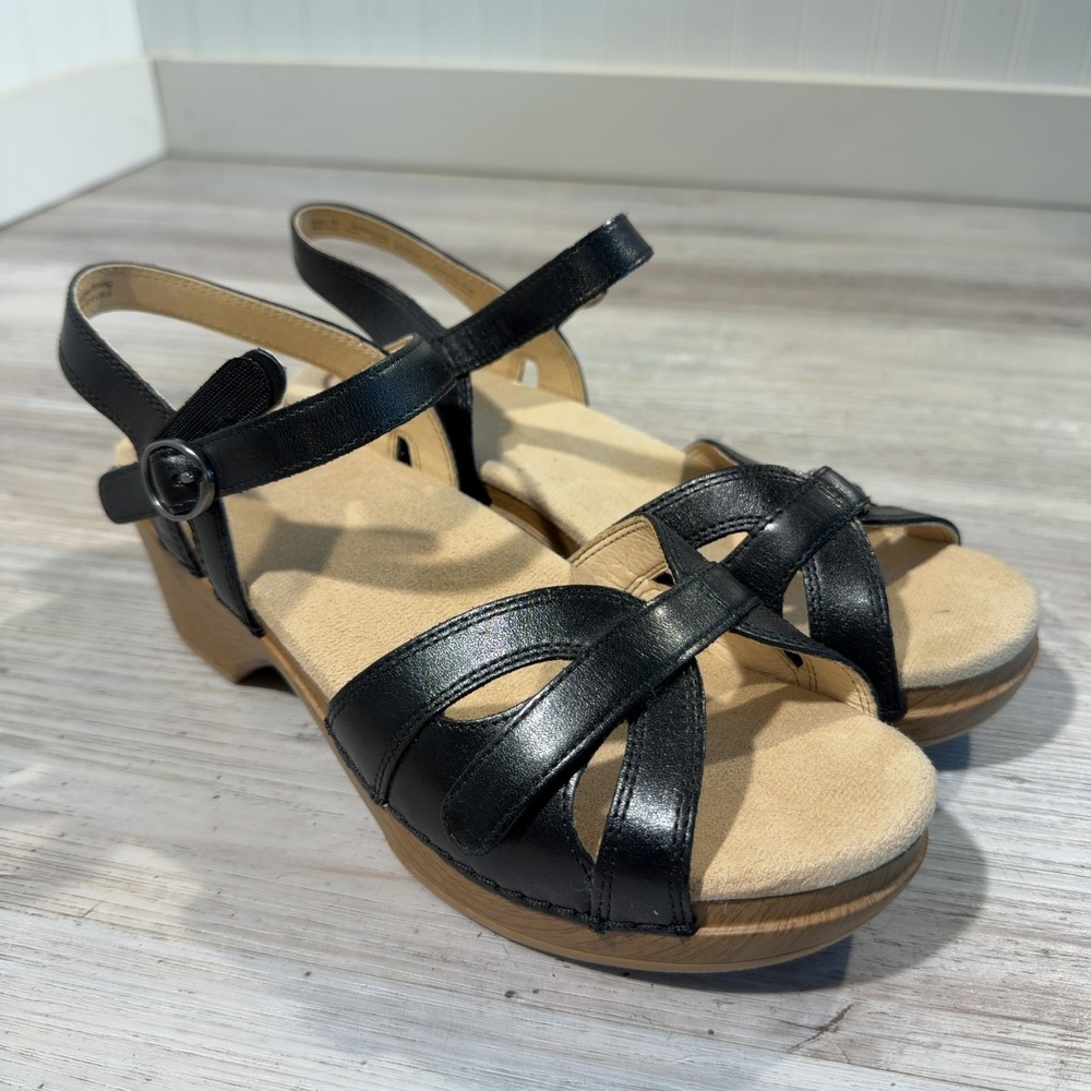 Dansko Season Ankle Strap Sandals Women 39 Wedge Buckle Leather Black 9849022200